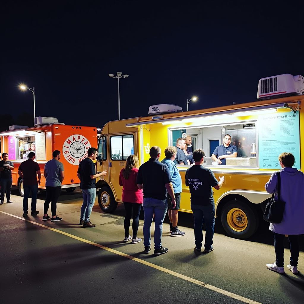 A line of food trucks with customers waiting to order