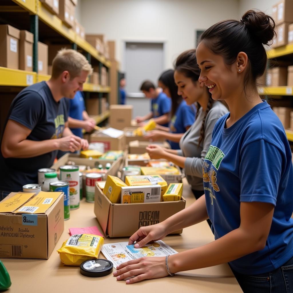 Volunteers sorting food donations inside the Dream Center Food Pantry