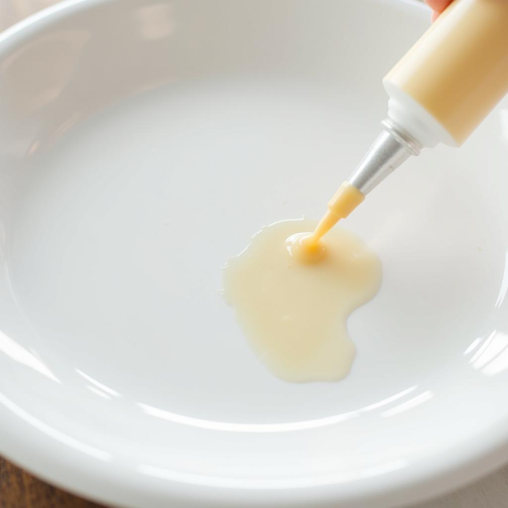 Dried super glue residue on a ceramic plate