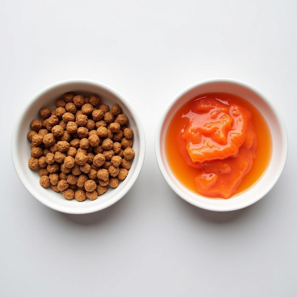  A side-by-side comparison of dry and wet cat food options containing salmon.