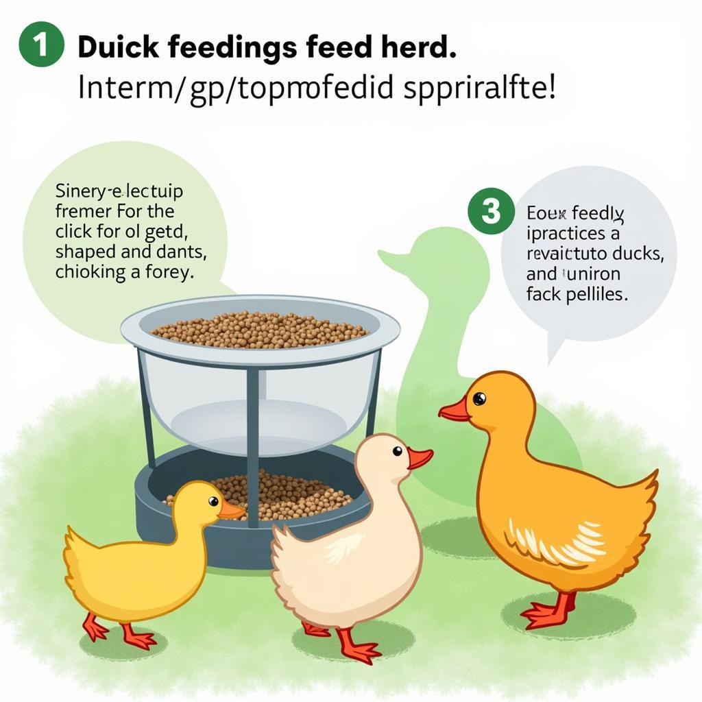 Ducks enjoying a meal of pellets from a specialized feeder, promoting cleanliness and reducing waste.