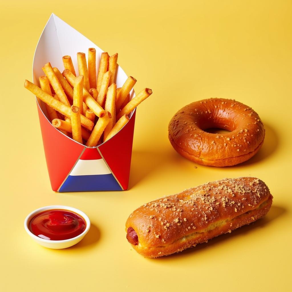 Dutch fast food classics: fries with sauce, kroket, frikandel