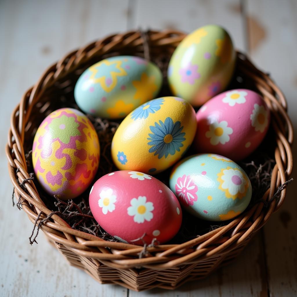 Colorful Dyed Easter Eggs Nestled in a Basket