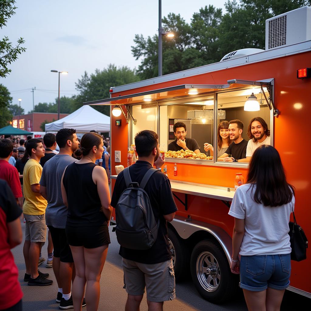 A bustling dynamic wings food trailer with a long line of eager customers