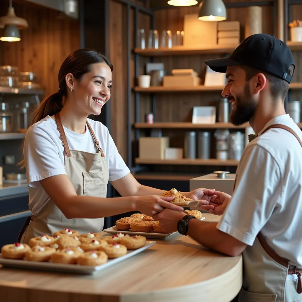 Friendly staff member assisting a customer at Econo Foods Bakery