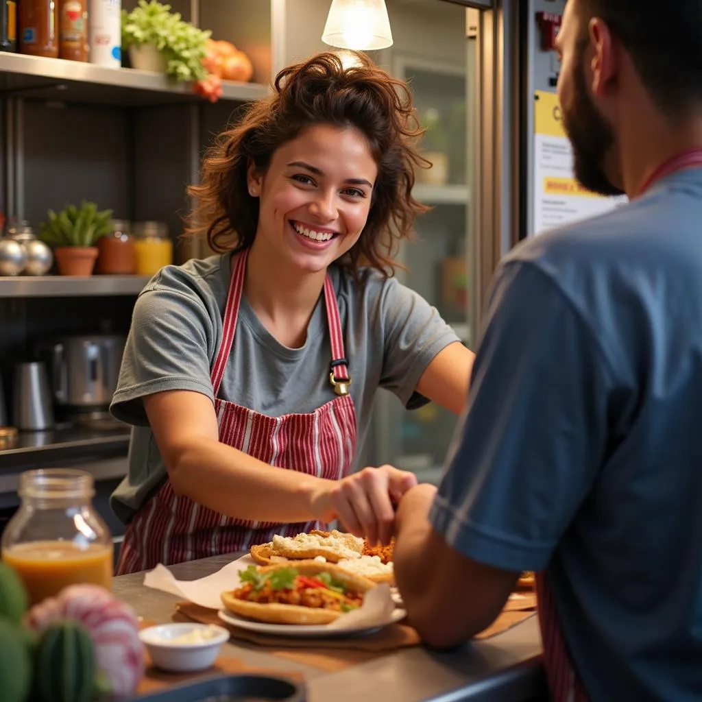 A friendly food truck owner in El Dorado, Arkansas, serving customers with a smile