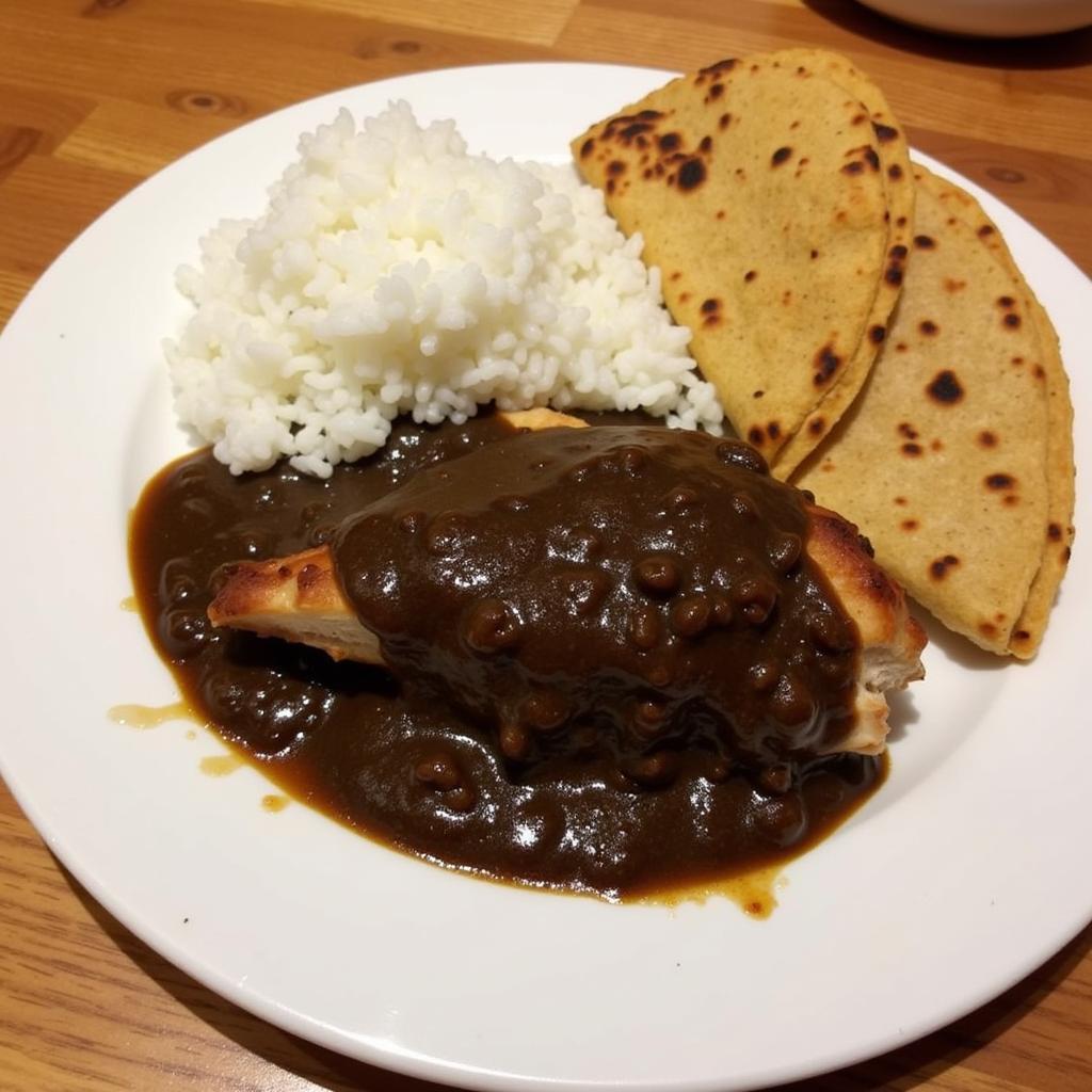 A steaming plate of mole poblano served with rice and tortillas at El Dorado restaurant in Iowa City.