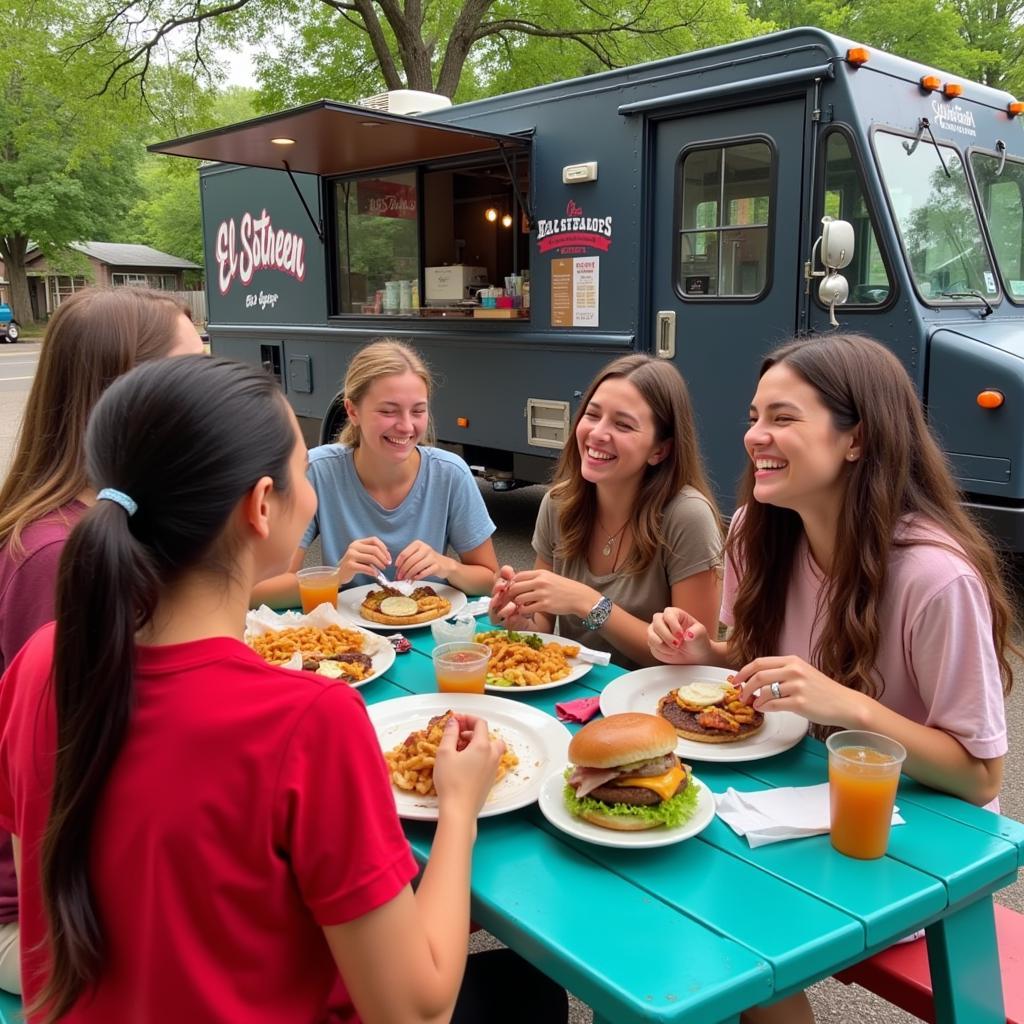 Customers enjoying their El Sarten Burger meals at outdoor picnic tables