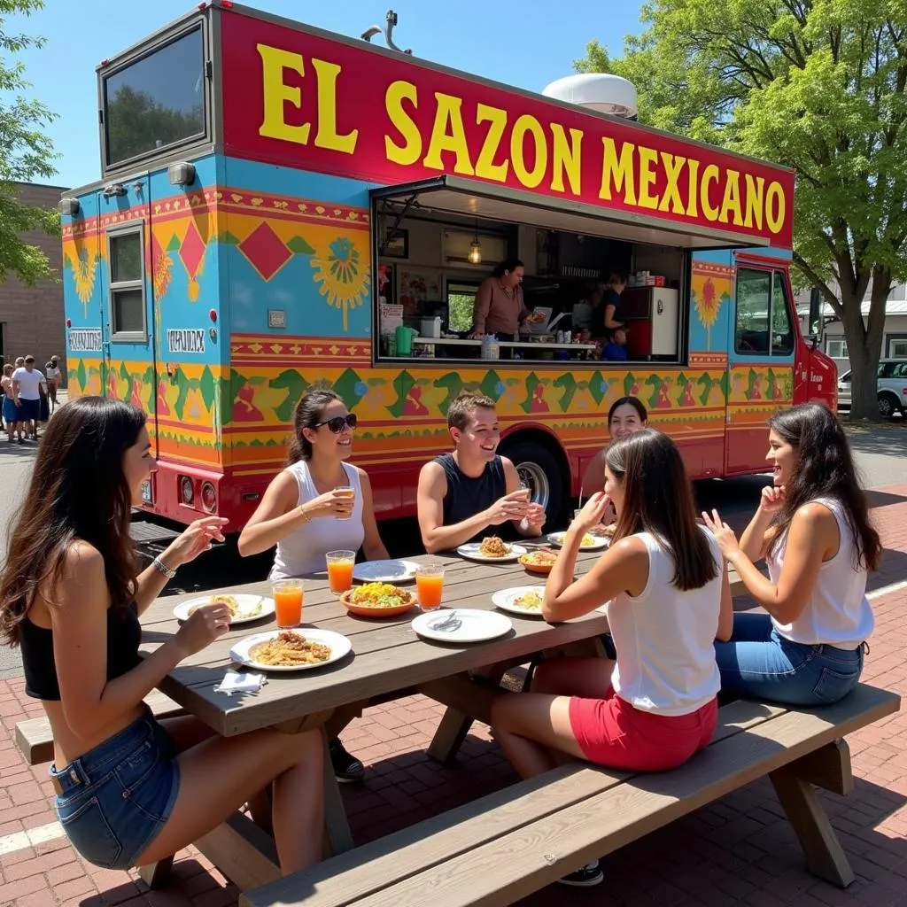 A group of friends enjoying their meals from El Sazon Mexicano food truck, laughing and having a good time