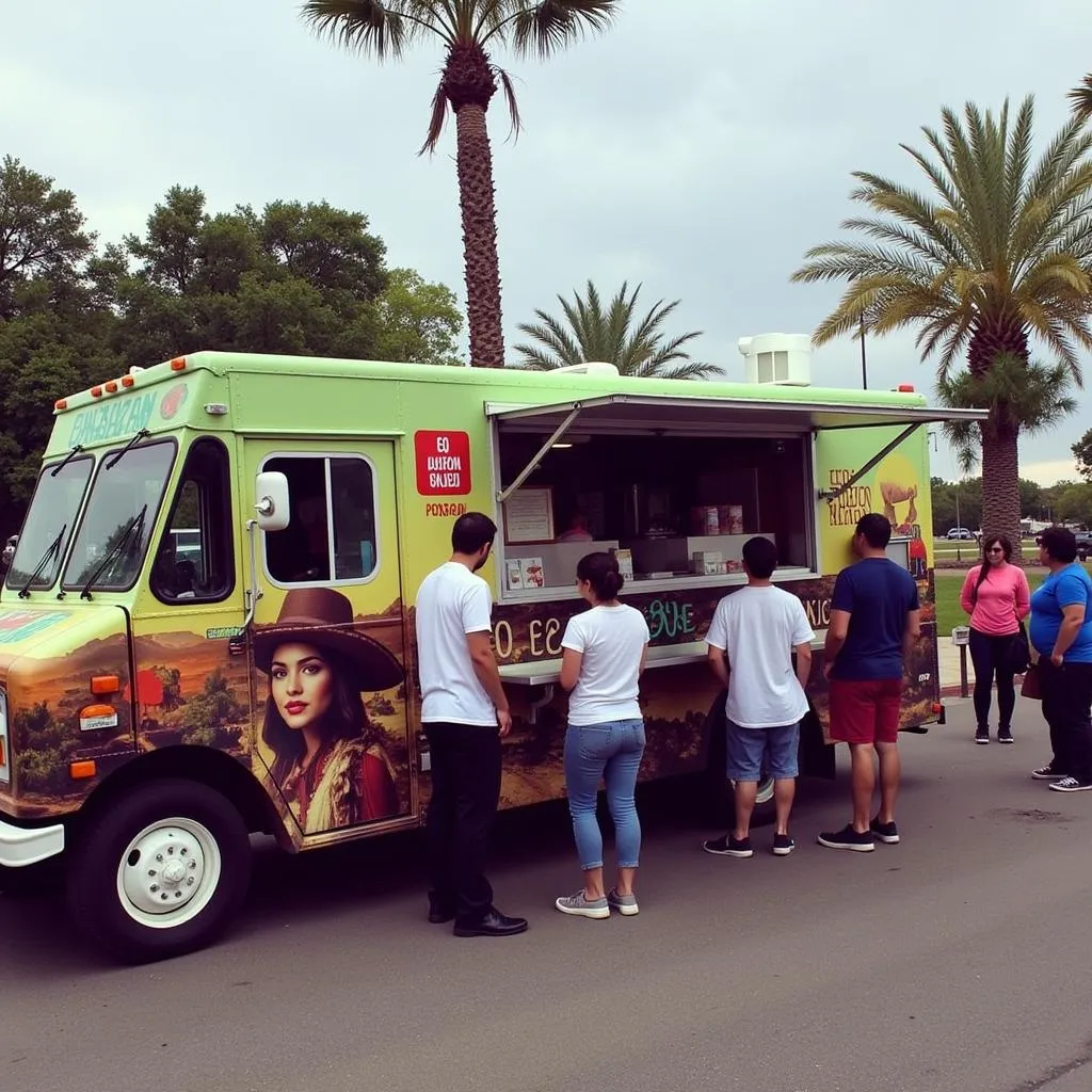 El Sazon Mexicano food truck parked on a street corner, with a vibrant exterior design and a line of eager customers