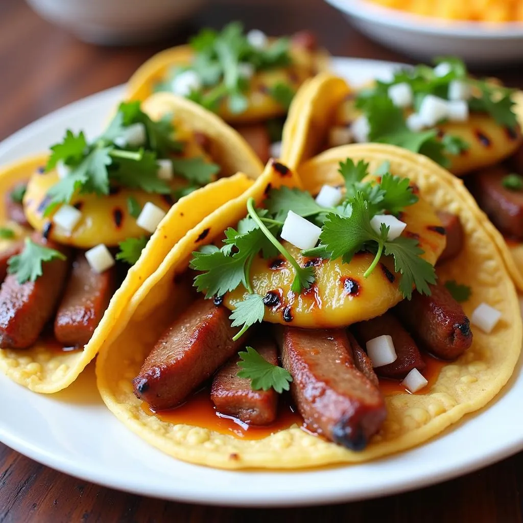 Close-up of a plate of Tacos al Pastor from El Sazon Mexicano food truck, showcasing the vibrant colors of the ingredients