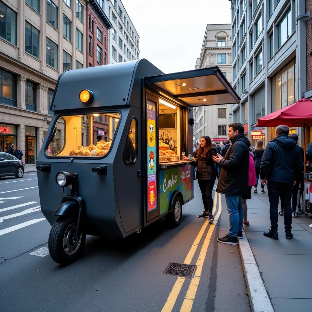 Modern electric food cart parked on a bustling city street