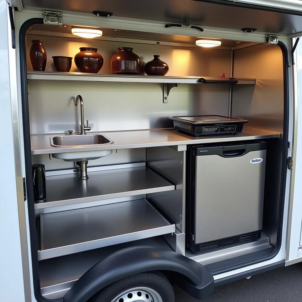 Inside view of an electric food cart with modern kitchen equipment