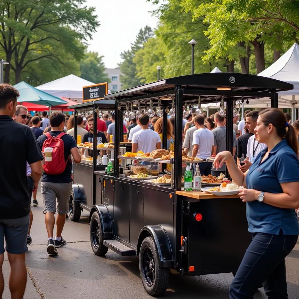 Multiple electric food carts serving customers at a crowded outdoor event