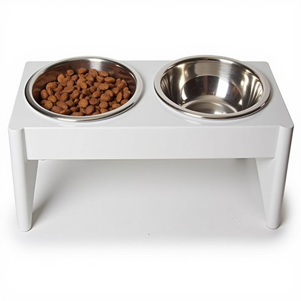 An elevated dog food feeder with two stainless steel bowls.