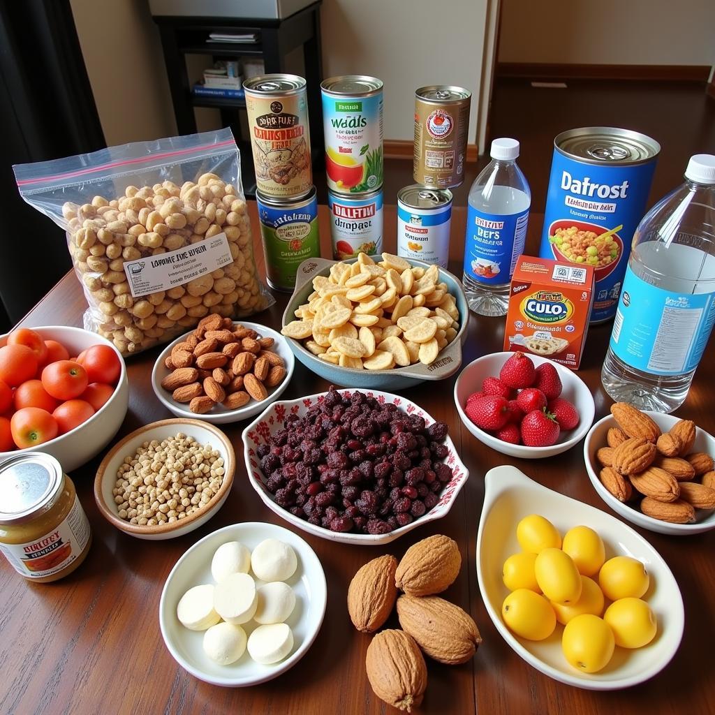 Emergency food supplies organized on a table