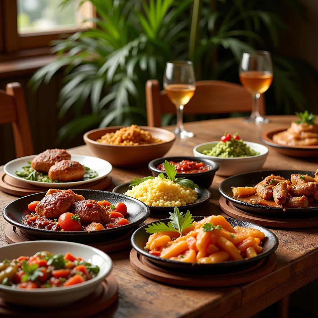 A table setting with an array of halal Emirati dishes.