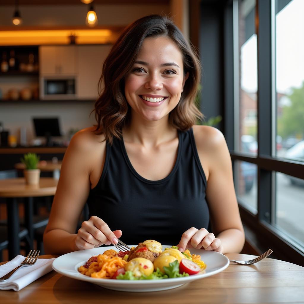 A person smiling while enjoying a delicious lutein-free meal.