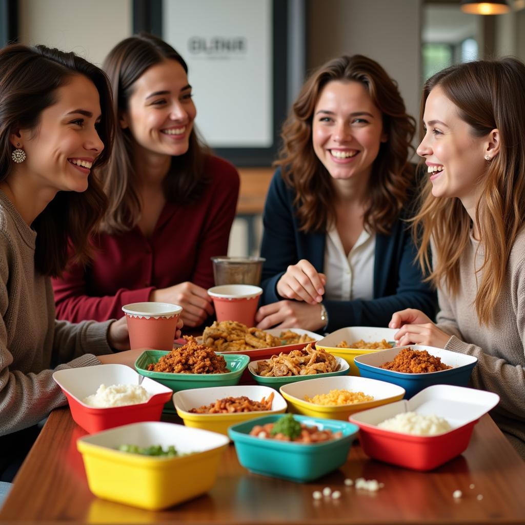 A group of friends enjoying a food delivery meal together