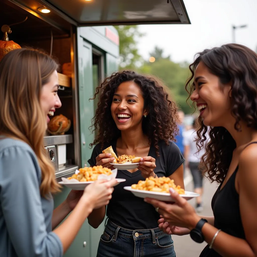 A group of friends enjoying a variety of dishes from a food truck in a lively outdoor setting.