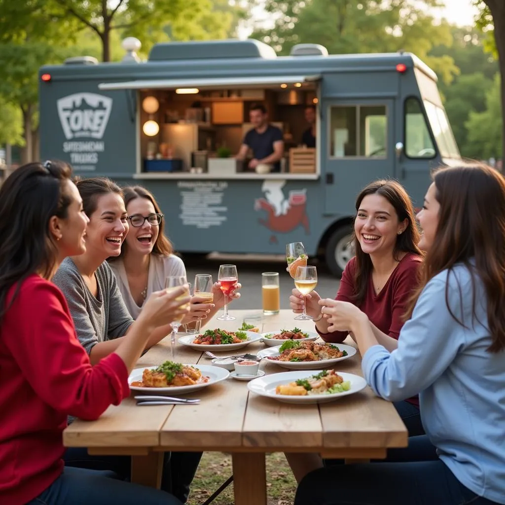 A group of friends enjoying a meal from a food truck in Mount Pleasant