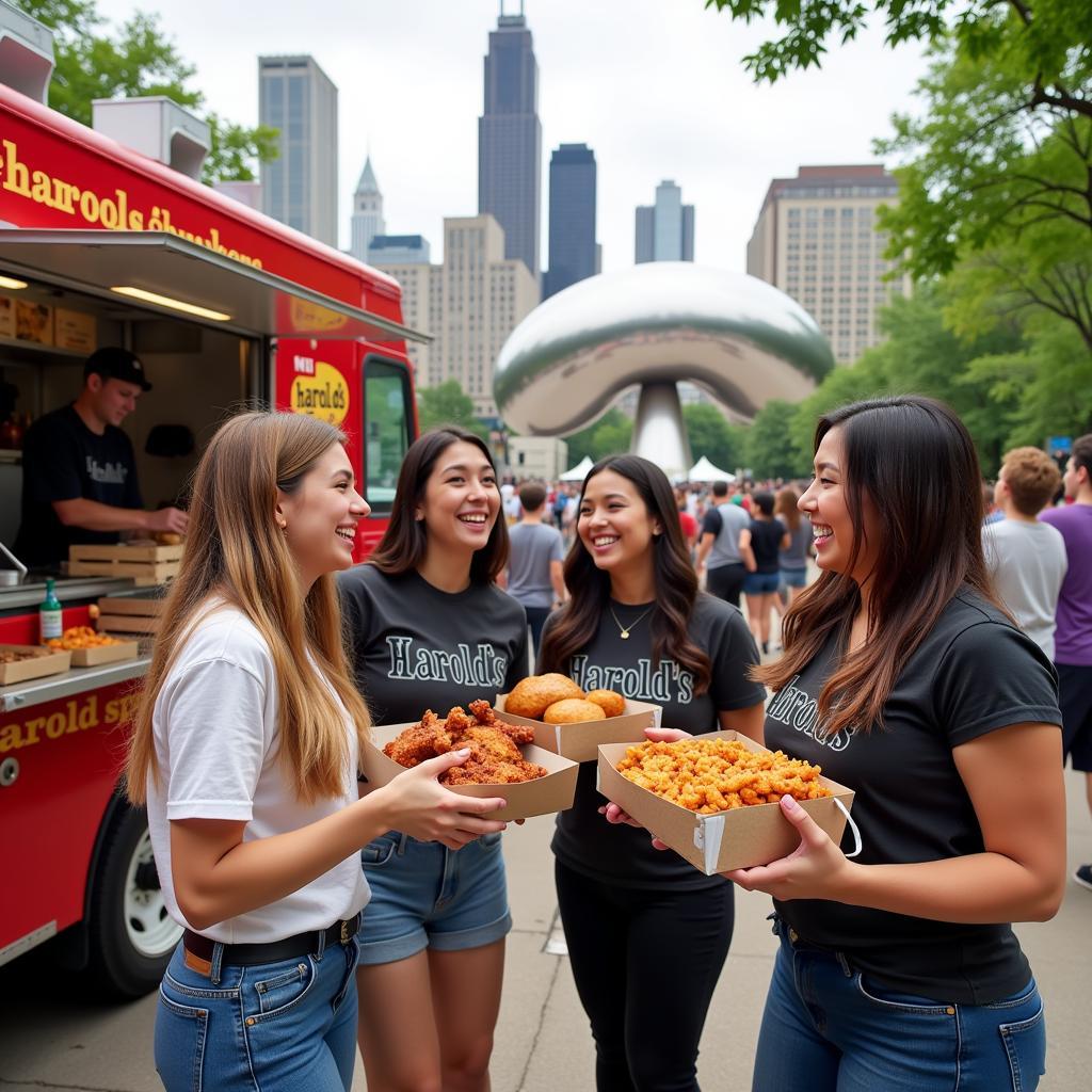 People enjoying Harold's Chicken from the food truck at Millennium Park