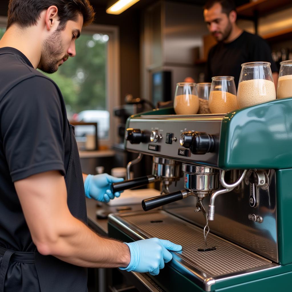 Cleaning an espresso machine inside a food truck