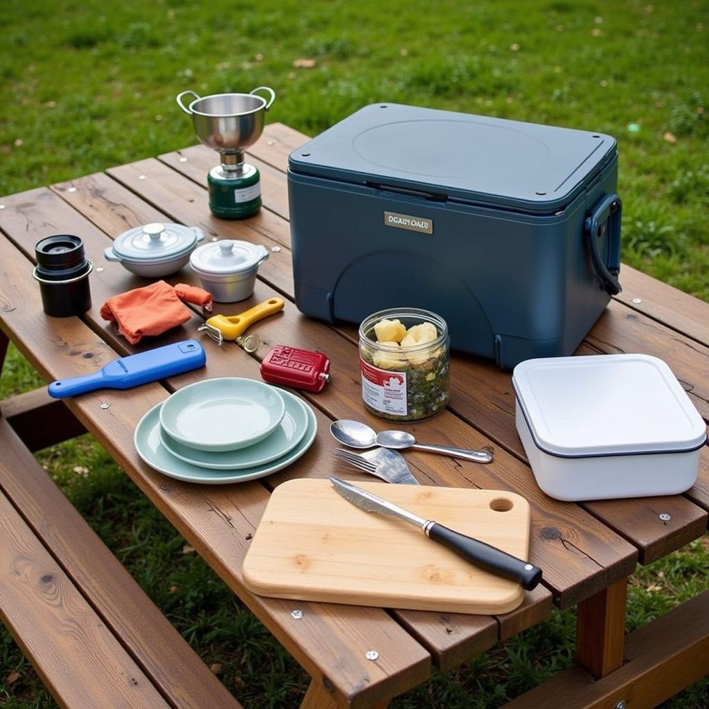 Essential Camping Food Bag Gear Laid Out on a Picnic Table