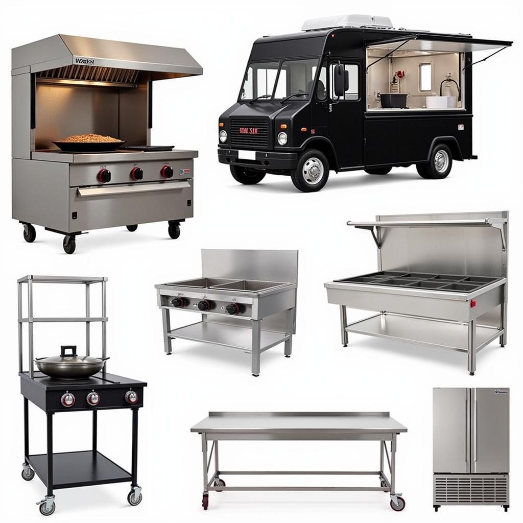  A collage featuring various pieces of essential equipment for a wok food truck.