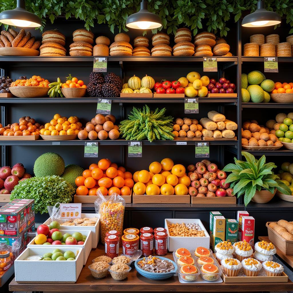 A vibrant display of various food and kindred products