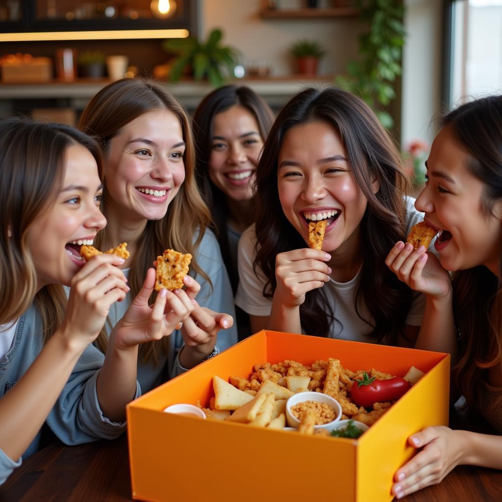 People enjoying a variety of snacks from a food box.