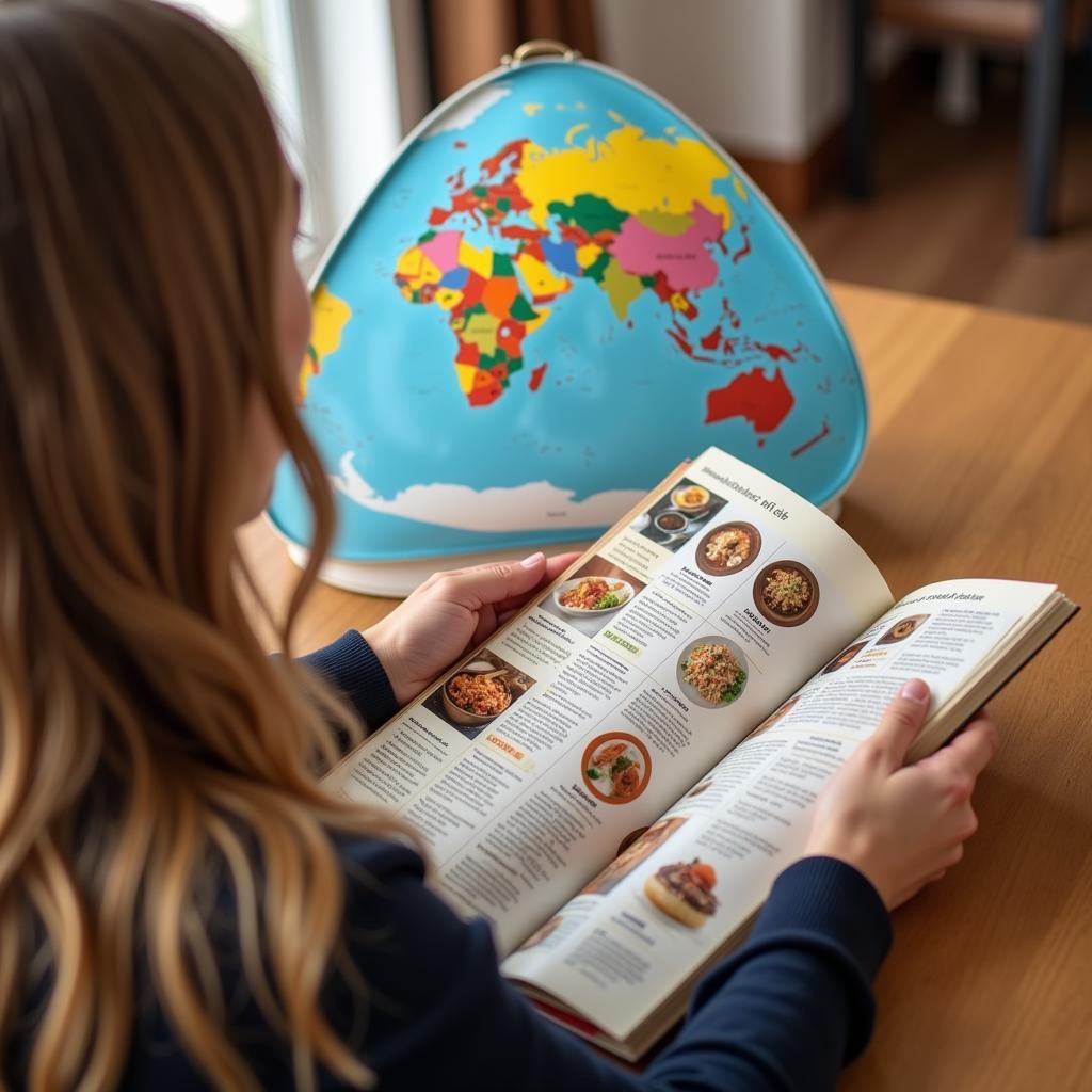 A person browsing through a gourmet food catalog, with a world map in the background.