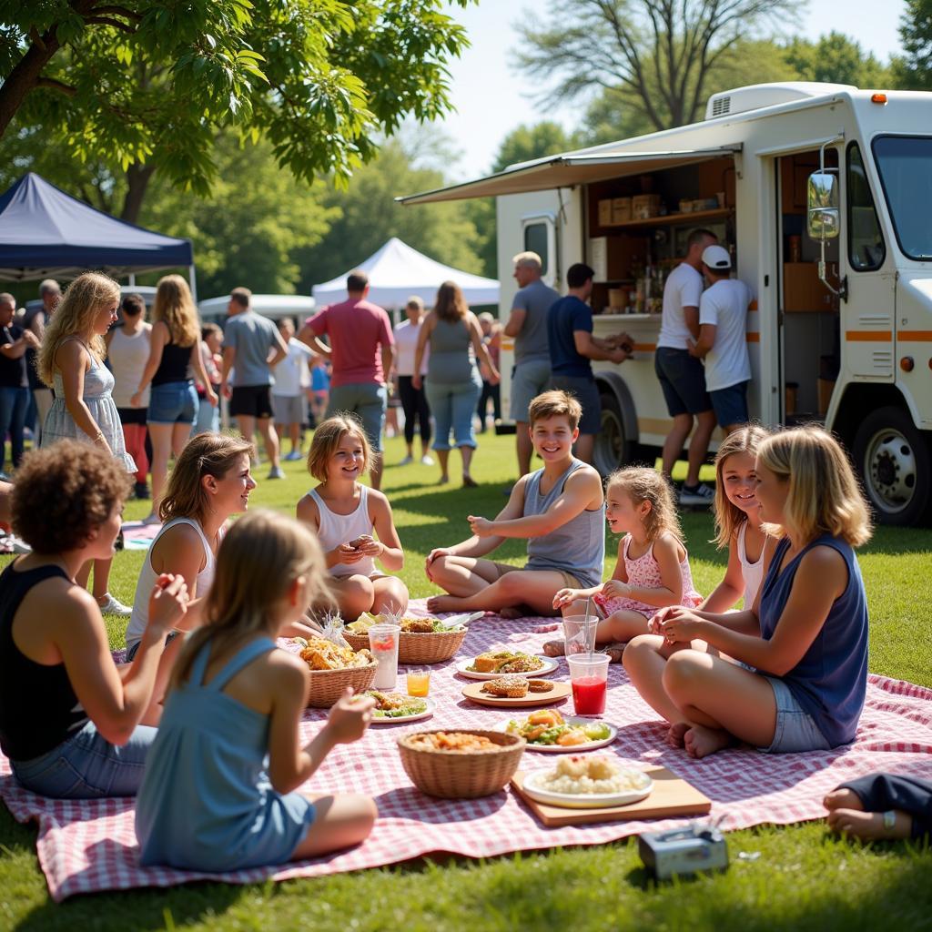 People enjoying themselves at Food Truck Friday with live music and community interaction.