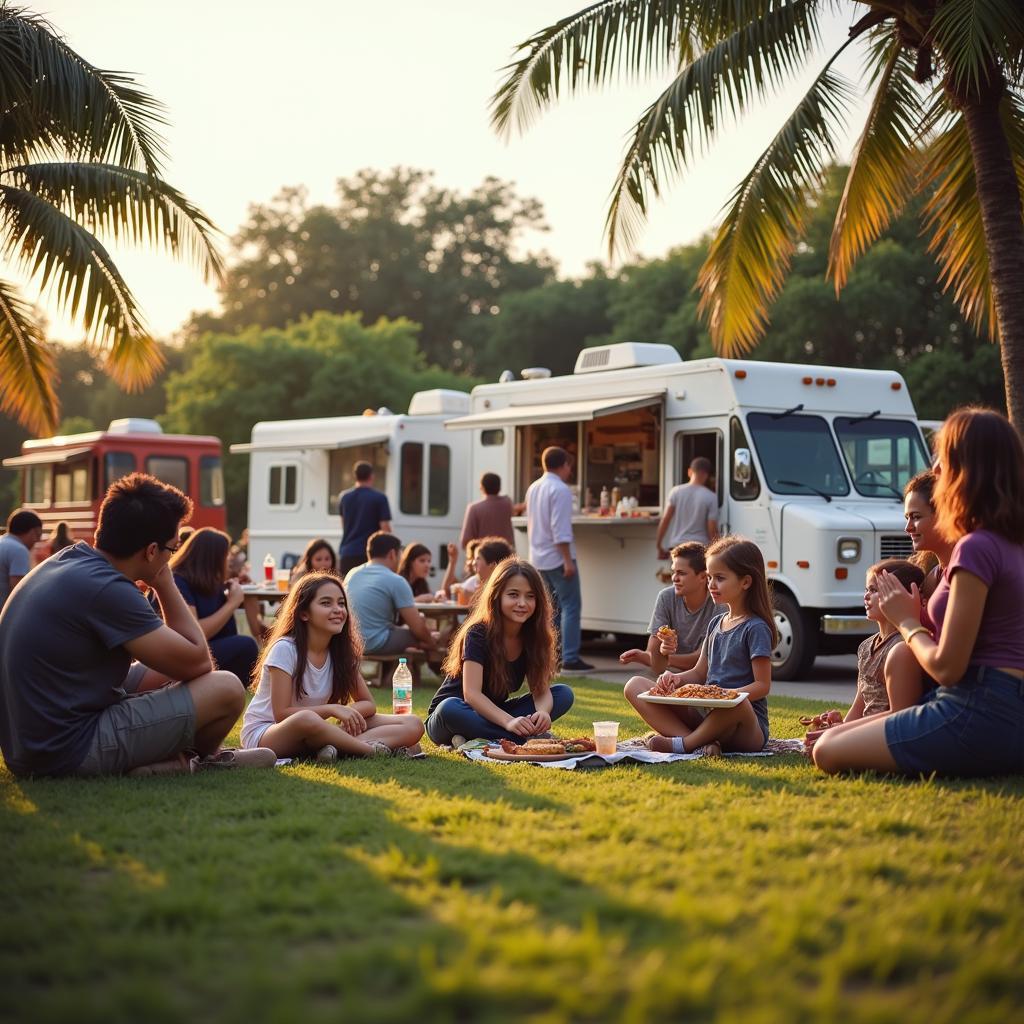 Families Enjoying Food Truck Meals at a Park in Cape Coral