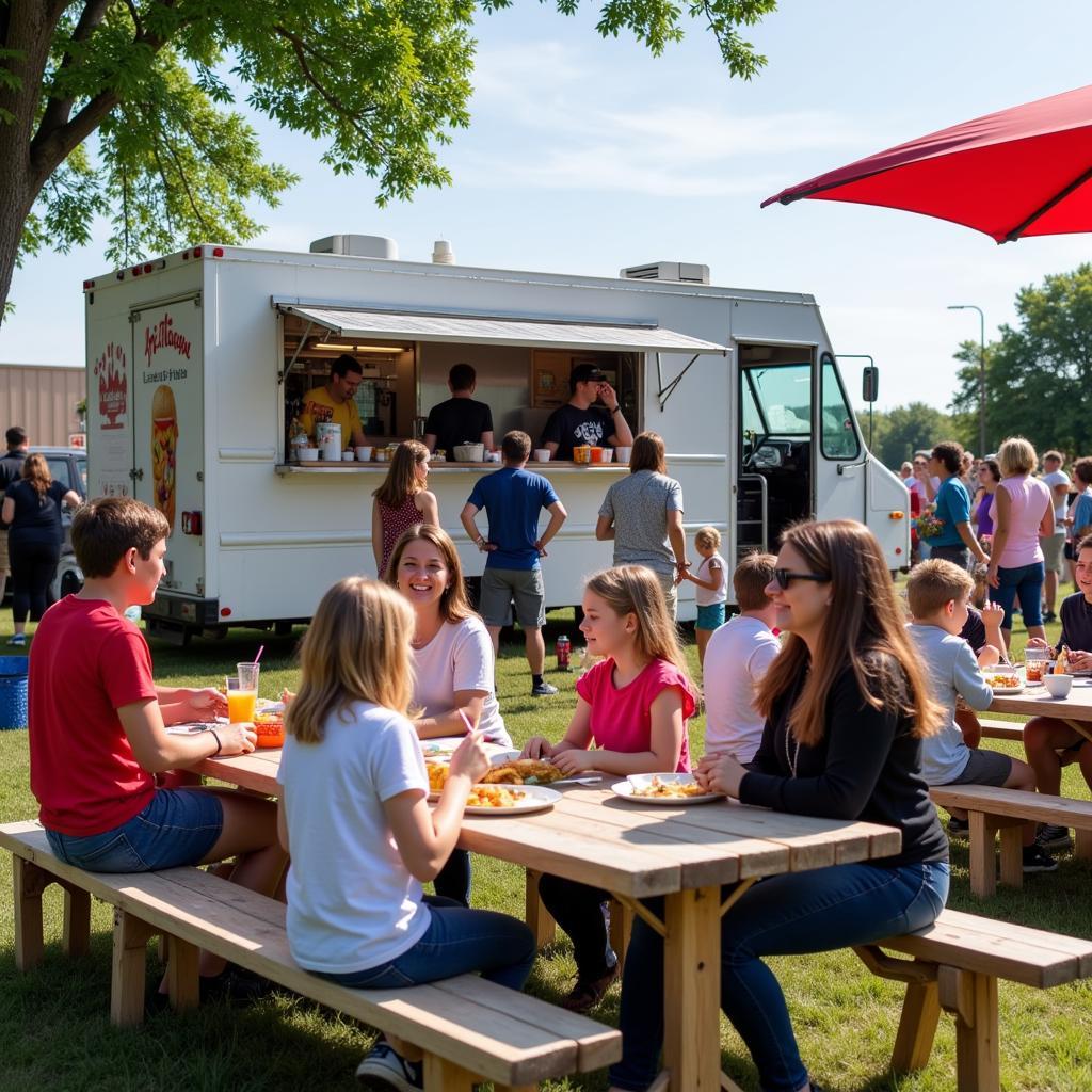 Families enjoying food and atmosphere at a Lenexa food truck event.