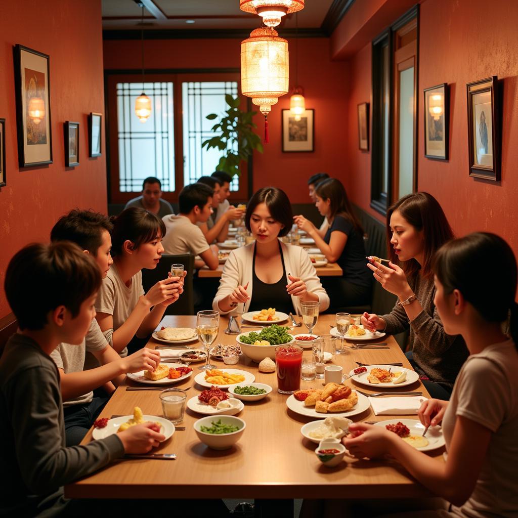 A warm and inviting scene of a family enjoying a meal together at a Chinese restaurant in Hasbrouck Heights, NJ, with smiles and laughter around the table.