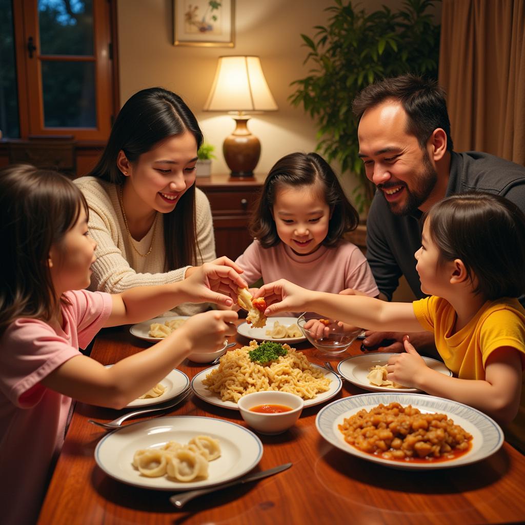 A family enjoying a meal together at a Chinese restaurant in Lake Hiawatha, NJ, highlighting the social aspect of Chinese dining.