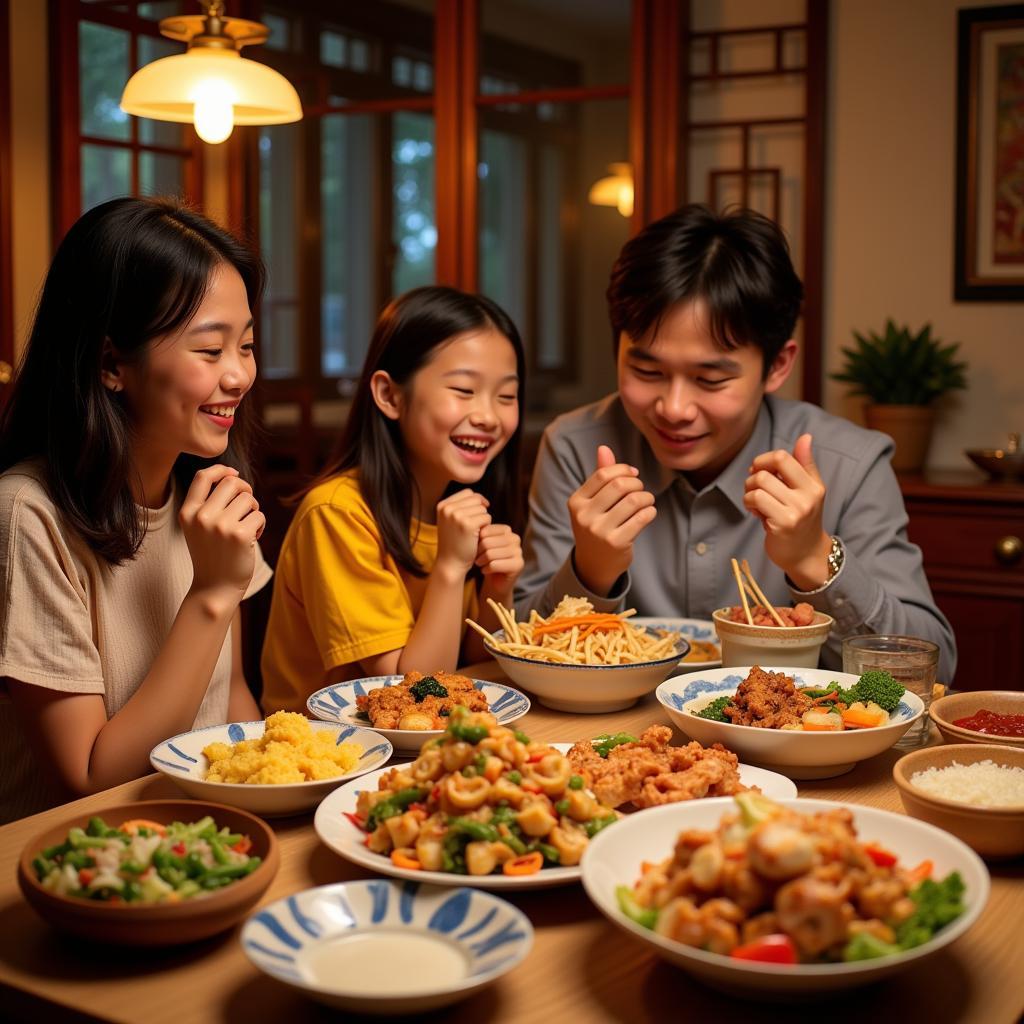 A happy family enjoying a meal together at a Chinese restaurant in Ridgefield Park, NJ, emphasizing the communal dining experience.