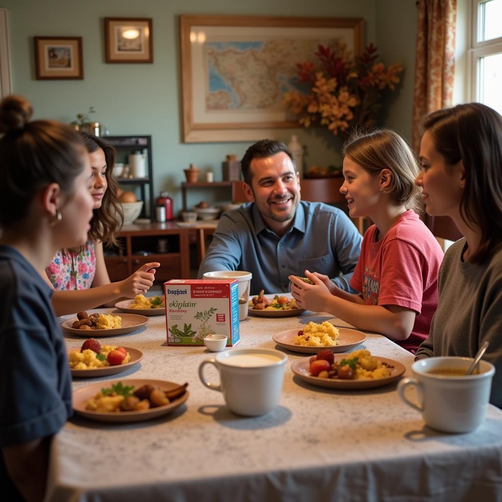 A family enjoys a meal prepared from their patriot food buckets.