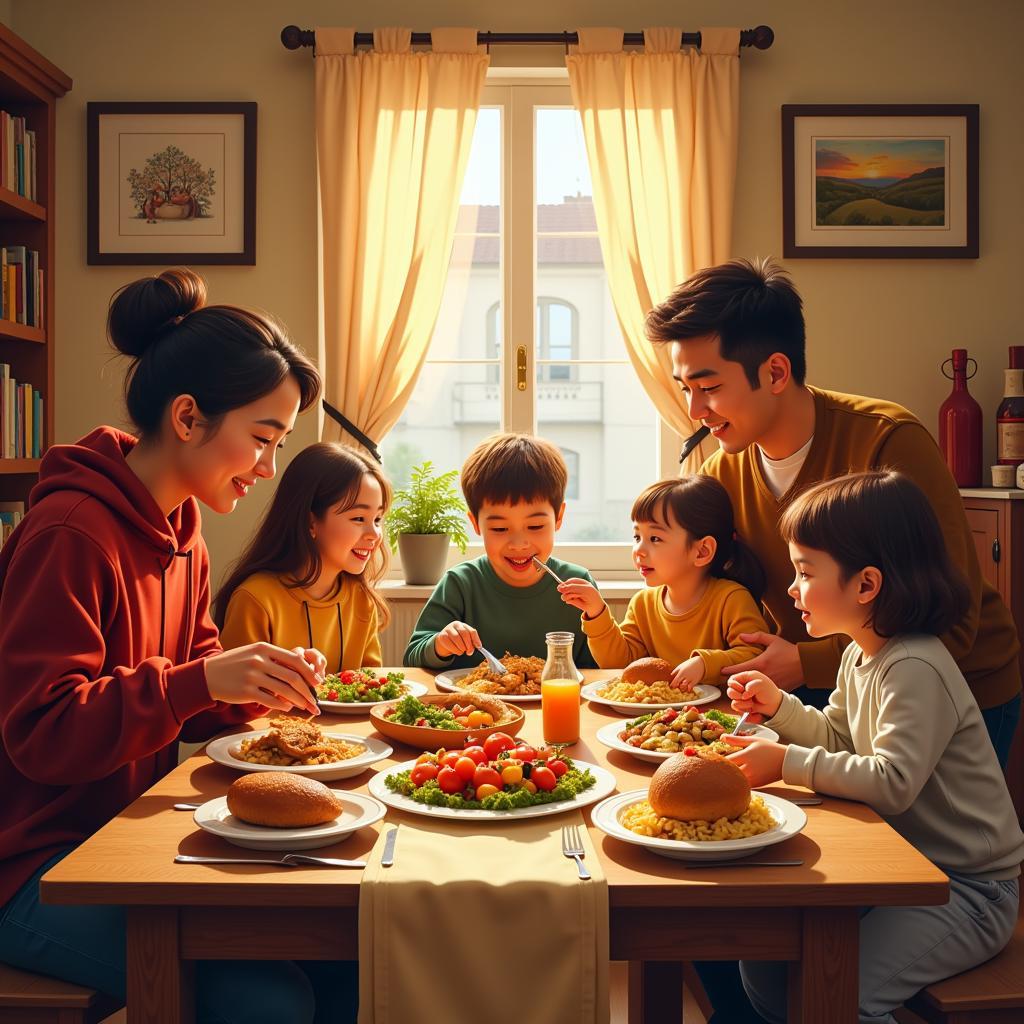 A family gathered around a table, sharing a meal and smiling