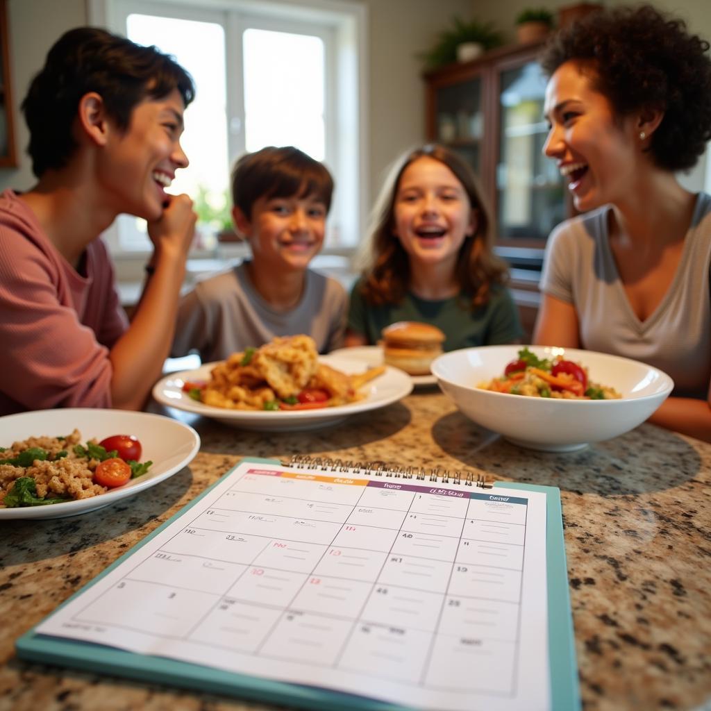 A family smiles as they enjoy a meal together, their weekly food planner pad visible on the counter in the background.