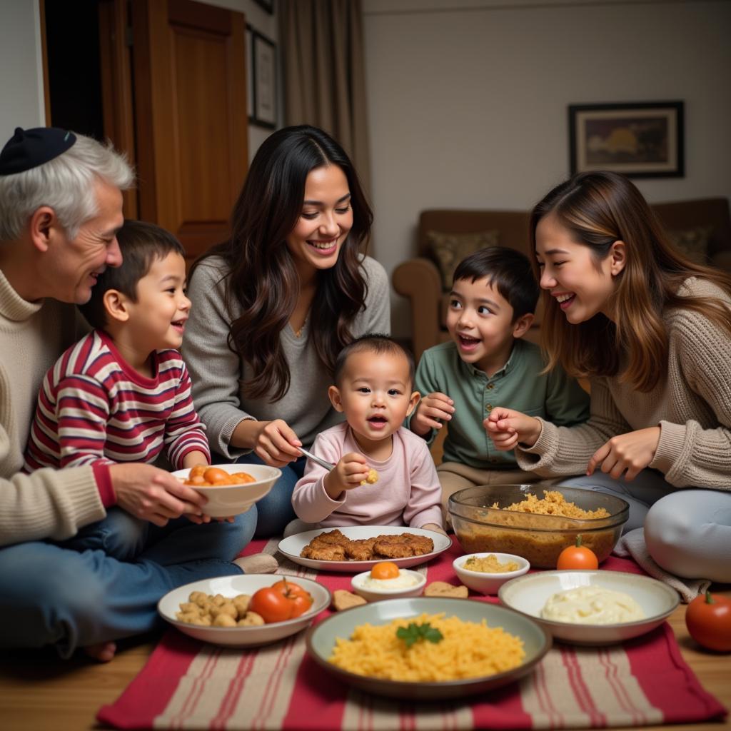 A family enjoying a traditional Annakut meal together