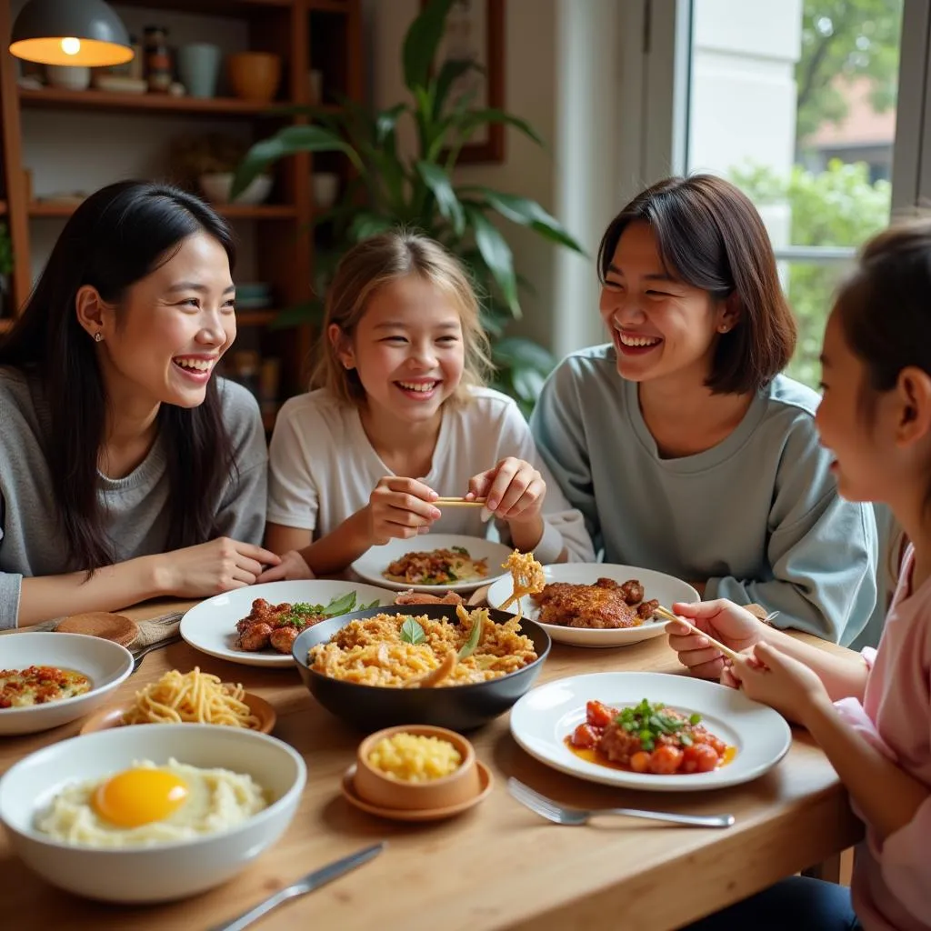 A family gathers around a table to share a delicious Asian meal.