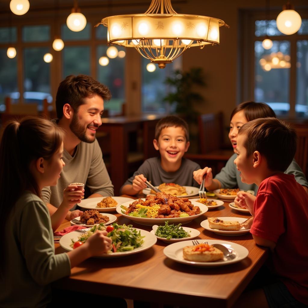 A happy family smiling and enjoying a meal together at a Chinese restaurant in Clifton, Ohio