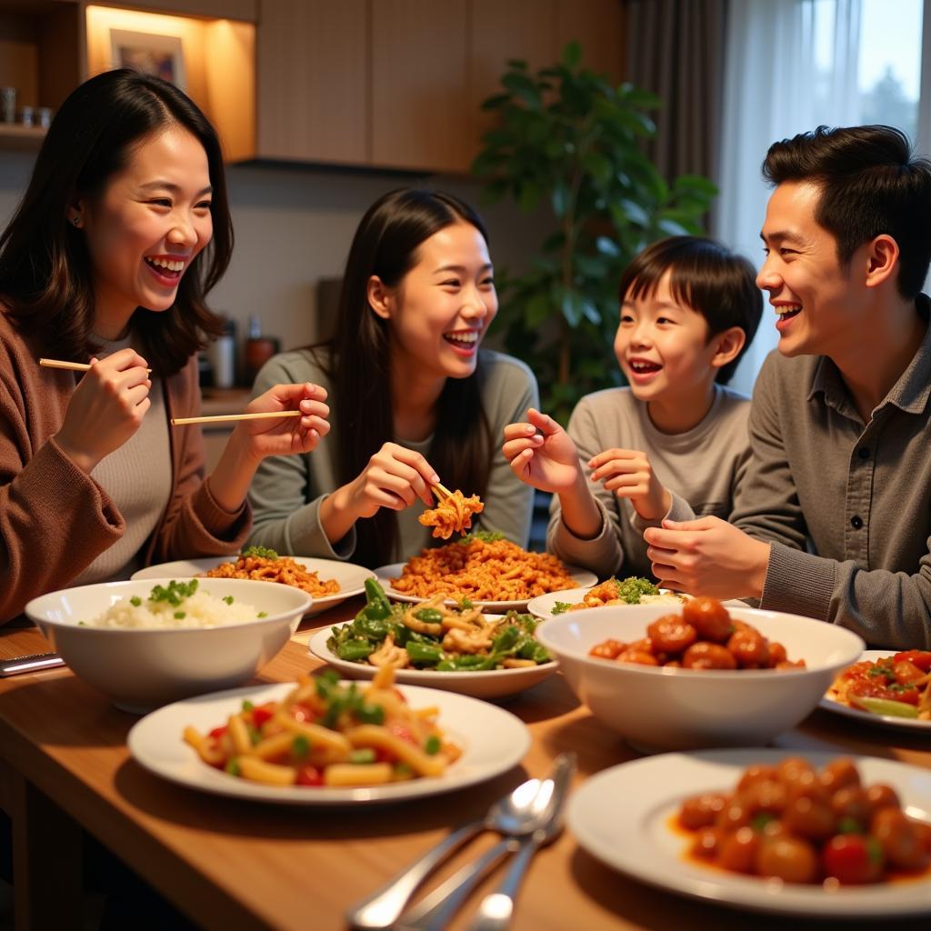 A family sits around a table enjoying a Chinese food delivery meal together