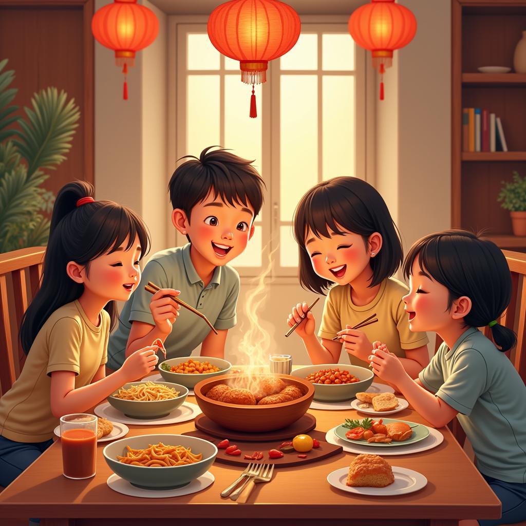 A happy family smiling and enjoying a variety of Chinese dishes together at a restaurant in Everett MA.