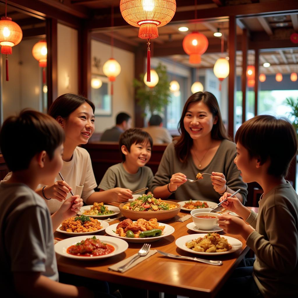 A happy family smiling as they enjoy a delicious Chinese meal together at a restaurant near Gaithersburg, MD. 