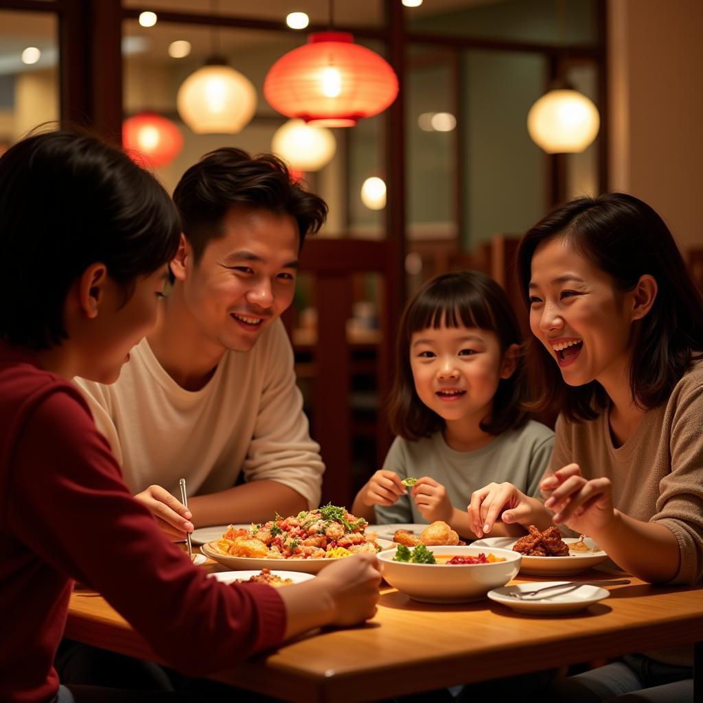 A happy family smiling and enjoying a delicious Chinese meal together in Galloway, NJ.