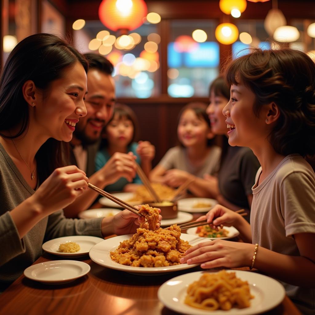 A happy family smiling while enjoying a Chinese meal together in a Nashville restaurant.