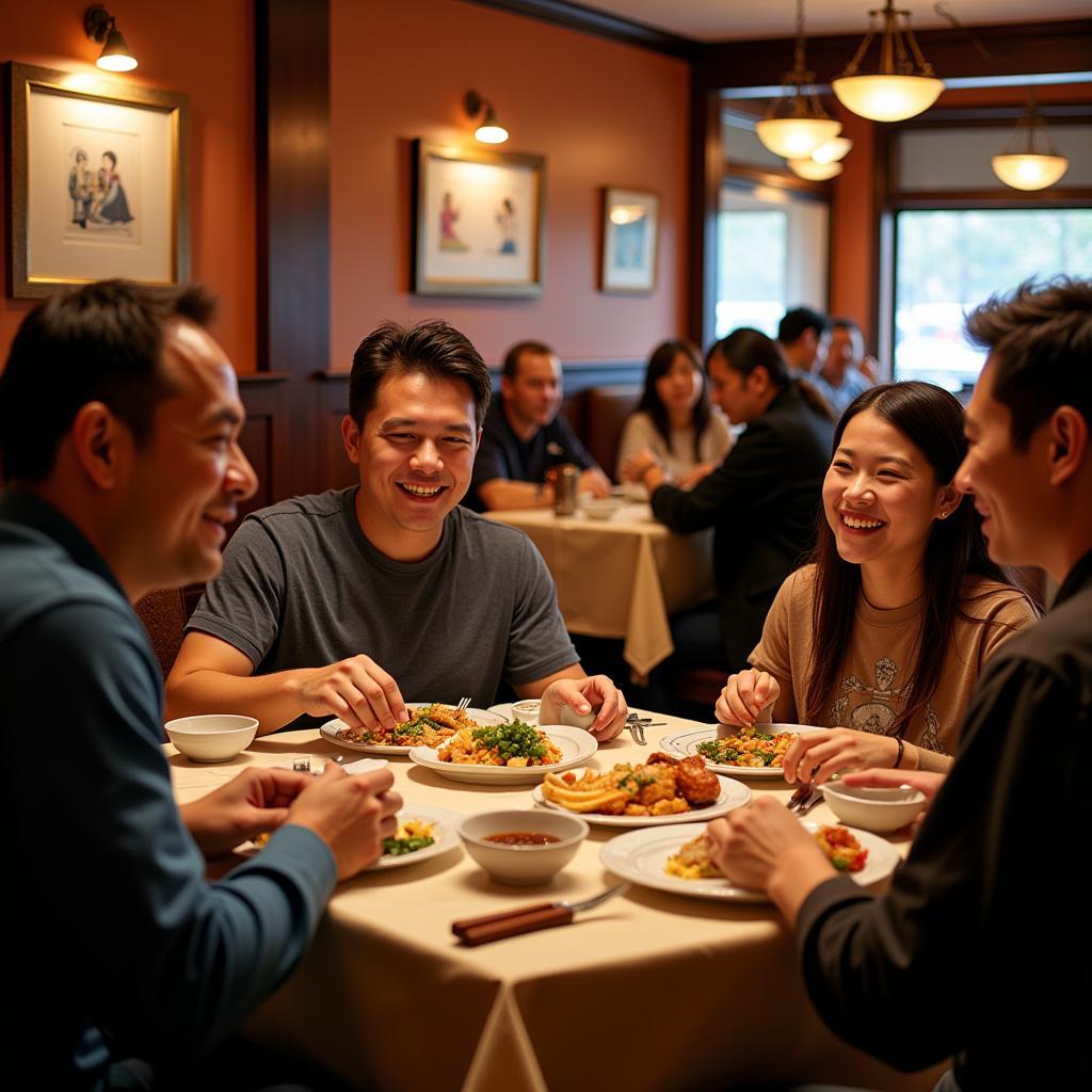 A happy family smiles while enjoying their Chinese food meal at a restaurant in Oconomowoc